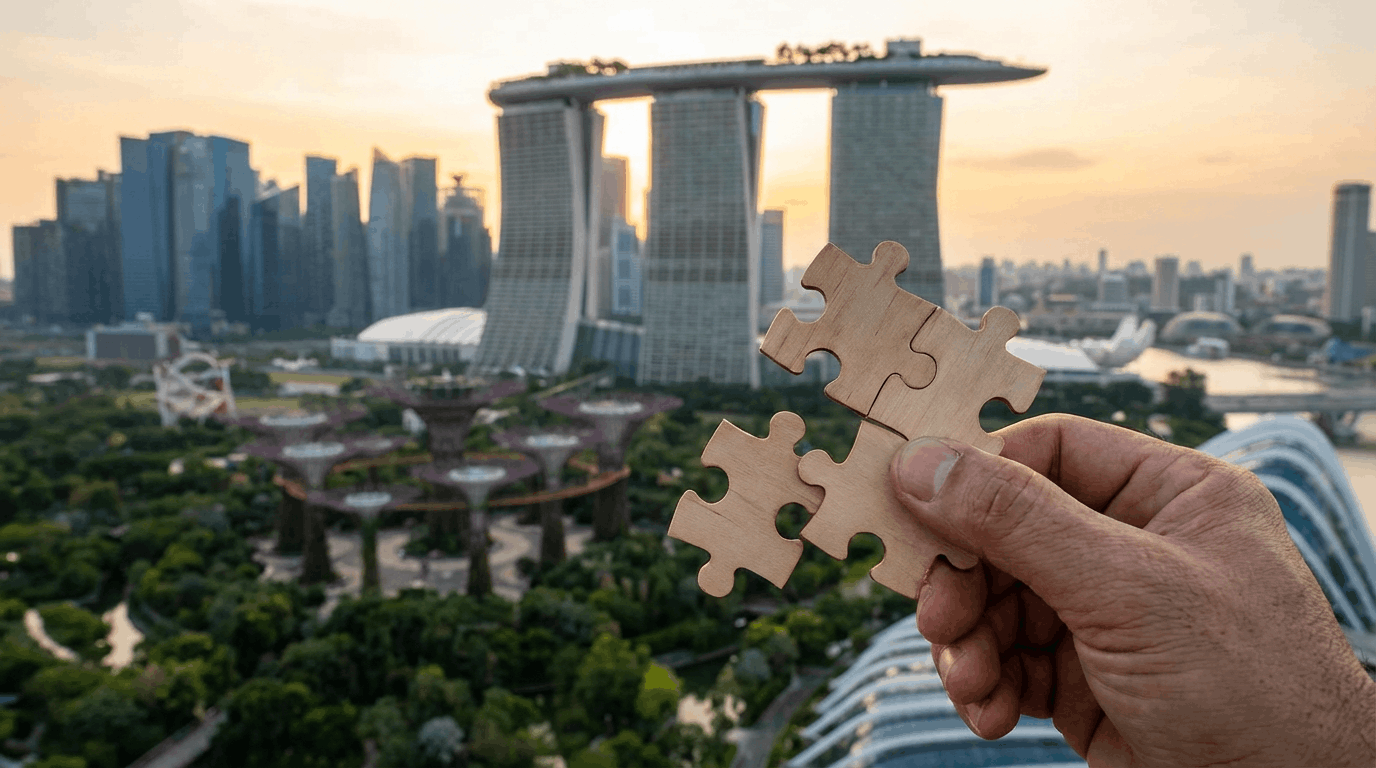 Singapore SME grants concept with hand holding puzzle pieces overlooking Marina Bay skyline at sunset
